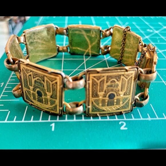 Art Deco Antique bracelet Am Double gold black design safety chain elegant - Picture 8 of 9